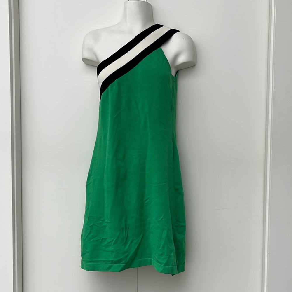 BEDO asymmetrical one shoulder body con green striped dres - Picture 1 of 6